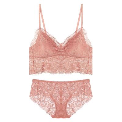 China 2021 QUICK DRY Women Matching Cotton Comfort Push Up High Support Gather Young Girls Breathable Two Piece Lace Up Bra Set for sale