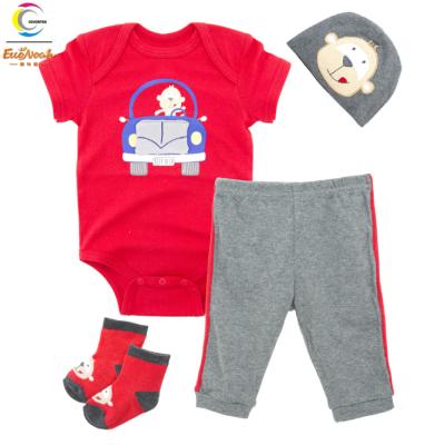 China Cute style baby boy cotton antibacterial clothes set hot sale romper pants hat and sock red and gray color with lovely embroidery wear for sale