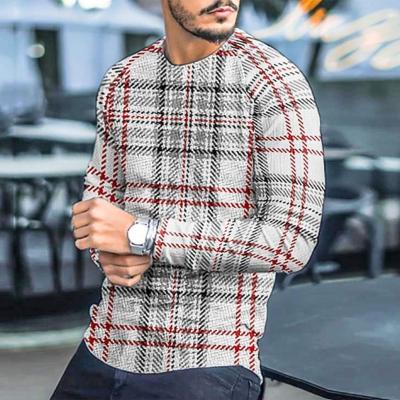 China Wholesale Slim Top Men's Long Sleeve Anti-Wrinkle T-Shirt Cotton Check Long Sleeve Blend Print Pullover Striped Print Casual Crewneck for sale