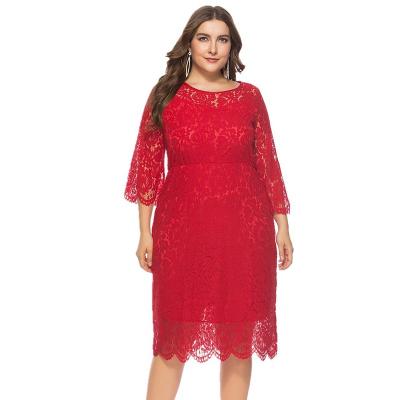 China Plus Size 2021 Spring And Summer New Sleeve Large Size Three Quarter Lace Dress Mid Length Dress for sale