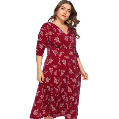 China Plus Size 2021 Spring/Summer Plus Size Women's V-neck Three Quarter Sleeve Printed Large Sleeve Pocket Dress for sale