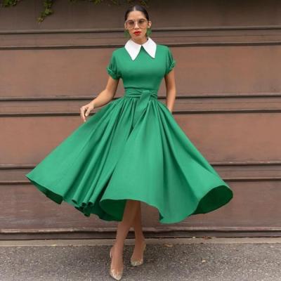 China 2022 spring and summer new mid length shirt collar dress green high waist commuter temperament breathable spring and dress with belt dress for sale