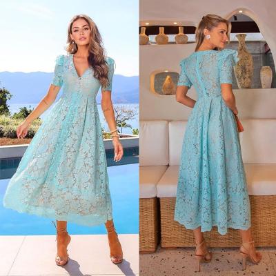 China Temperament Breathable Commuter Mid-Skirt Lace Spring New Dress 2022 High Waist Green V-Neck Dress for sale