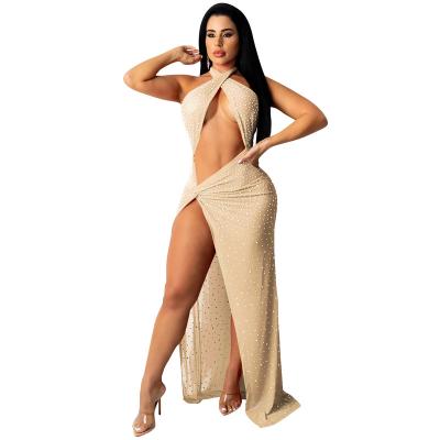 China One-shoulder new product sexy hot transparent diamond-studded mesh nightclub women's chest slit wrapped dress for sale