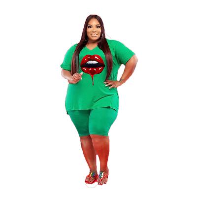 China European and American plus size women's V-neck plus size 5X red lips casual two-piece suit for sale