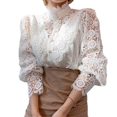 China Breathable Petal Sleeve Stand Collar Hollow Out Shirt Femme Flower Lace Patchwork Blusas All-match Women Lace Up Blouse Button 1241 White for sale