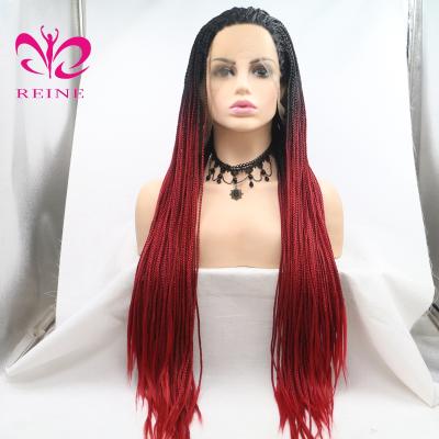 China Full Synthetic African American Braided Wig Box Braided Synthetic Ombre Front Lace Wig 1B Red Box Braid Synthetic Lace Wig For Black Women for sale