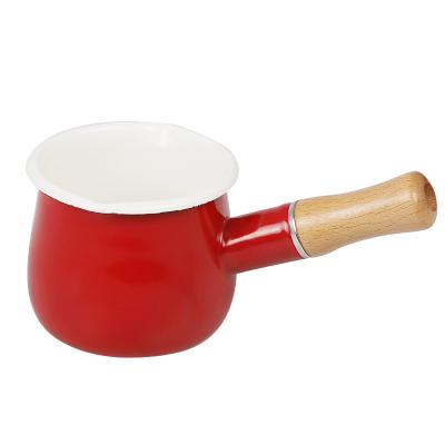 China Wholesale Viable Milk Warming Pot Enamel Soup Pot With Detachable Single Wooden Handle for sale