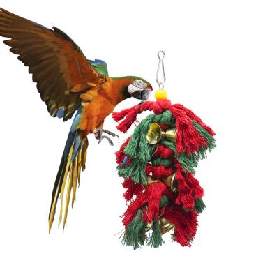 China Viable Hot Sale Christmas Amazon Parrot Toys Cotton Rope Red Bell Bird Chewing Toy For Small Pet for sale