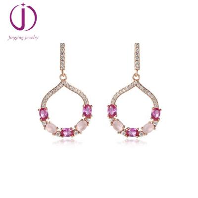 China Silver ready to ship circle earring micro to pave rose quartz earring for sale