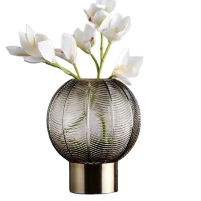 China Minimalist Light Luxury Glass Vase With Metal Bottom Lantern Shape Flower Arrangements Home Decoration for sale