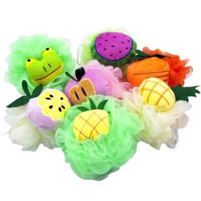 China EXFOLIATE Bath 2021 Popular Cartoon Mesh Ball Fruit Shape Baby Toy Bath Sponge for sale