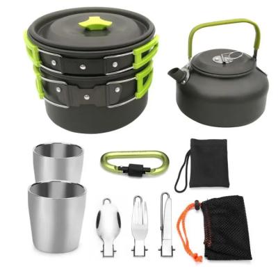 China Outdoor Camping Hiking Kettle Traveling Cookware Set Portable Outdoor Camping 10 Pcs Cookware Set Portable BBQ Pot Handbag Cooking Set for sale