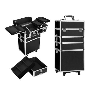 China Large Capacity Rolling Makeup Trolley Cosmetic Case Make Up Box Aluminum Custom Case 4 In 1 Case for sale