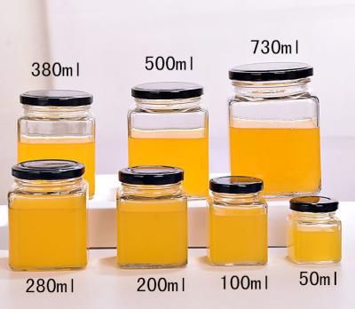 China Pull 100ml 200ml 280ml Square Glass Container Glass Jar With Metal Lid Glass Honey Jar for sale