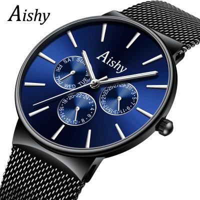 China Aishy Waterproof Brand New Fashion Simple Men Watches Band Casual Clock Stainless Steel Quartz Mesh Mesh Custom Logo for sale