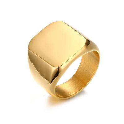 China CLASSIC Custom Logo Name Engraving Simple Style Silver Gold Black Plated Square Classic Ring Glossy Hip Hop Bikers Wedding Party Ring for sale