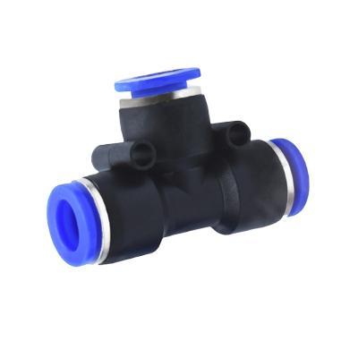 China Material of Construction Shop Pneumatic Tee Ways T Sharp One Touch Fitting PE Quick Series Pneumatic Connectors Fittings Air Hose Connectors for sale