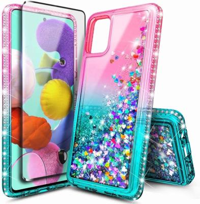 China Scratch Resistance Phone Case With Tempered Glass Screen Protector Full Cover Sparkle Flowing Liquid Quicksand With Bling Diamond for sale