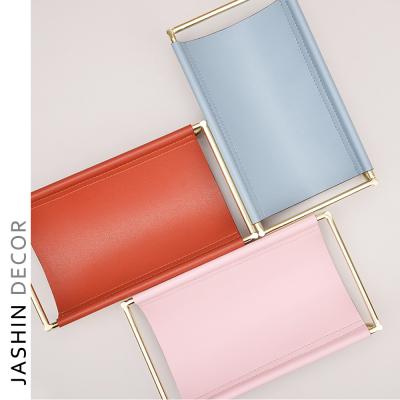 China Minimalist Customized Hotel Room Leather Serving Tray Gold Tray Organizer Metal Decorative Leather Tray for sale