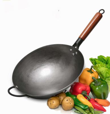 China Authentic Traditional Wok Swivel Burner Hand Hammered Carbon Steel Round Bottom Stir-Fry Pans Birch Handle Wok Pan for sale