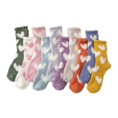 China Autumn Winter Breathable Absorb Sweat LOGO Polyester Valentine's Day Gift Coral Fleece Dots Heart Socks Customized Hot for sale