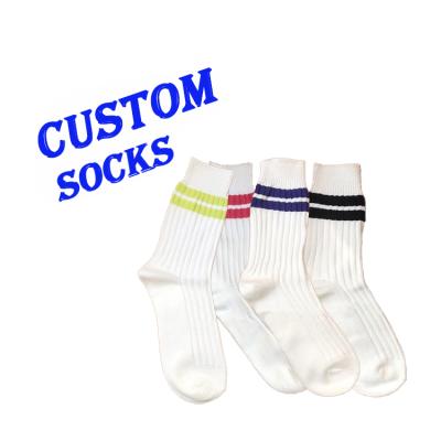 China Wholesale Custom Quality Sporty Striped Socks Polyester Cotton White Mens Custom LOGO Unisex Socks for sale