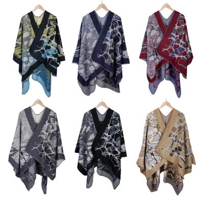 China New 2021 Classic 100% Acrylic Flower Jacquard Plus Size Warm Cape Poncho Scarfs For Women Stylish Faux Wool Shawl for sale