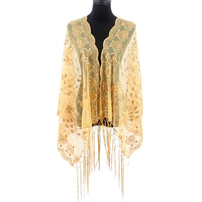 China Luxury Wholesale Blank Partywear Cover Up Tassel Embroidered Gold Peacock Sequin Scarf for sale