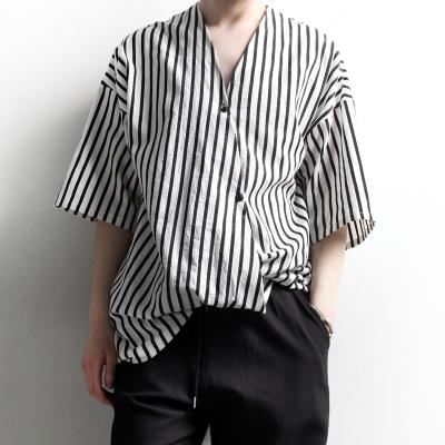 China Viable Fashionable Men's Vertical Stripe Short Sleeve V-Neckline Loose Irregular Asymmetrical Japanese Customized Slim Top for sale