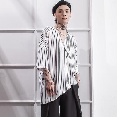 China Viable workable medium length black white short sleeve shirt with loose and cool vertical stripe trimmed irregular personalized shirt for sale