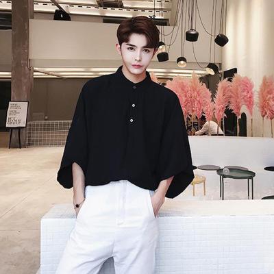 China Summer Literature Sleeve FB Breathable Japanese Wind Bat Loose Sleeve And Art Solid Color Stand Collar Shirt Casual Men's Shorts for sale