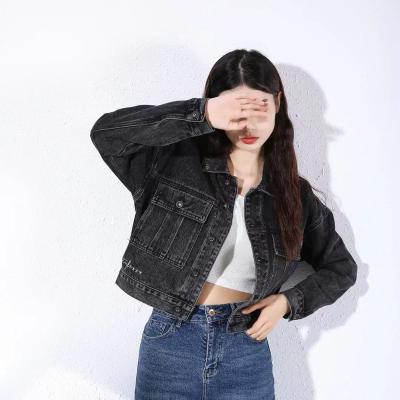 China Wholesale QUICK DRY Private Label Black Cotton Pocketed Distressed Buttons Washed Women Denim Jean Jacket For Ladies for sale