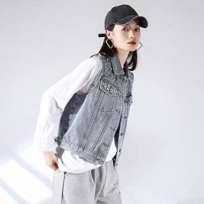 China Autumn Pearl Blue Denim Vest StreetWear Washing Ladies Denim Tank Tops Waterproof Practical Women's Sleeveless Tank Tops Jacket for sale