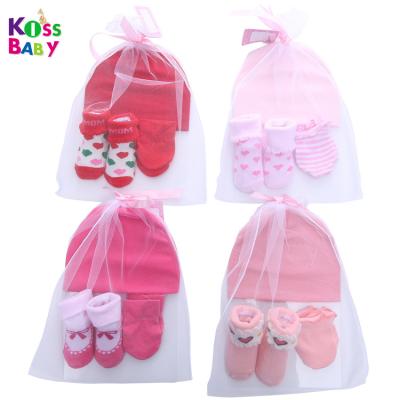 China New Style High Quality 3 Pieces Packing 100% Cotton Baby Hat Mitten Set With Mittens And Hats 0-12M Baby for sale