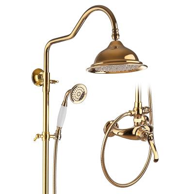 China With Slide Bar Bathroom Bath Hot And Cold Water Faucet Gold Rainfall Wall Mounted Faucets Set Exposed Shower Mixer for sale