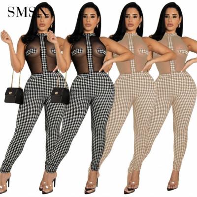 China 2022 summer nightclub sexy sleeveless Anti-wrinkle Amazon women plate-checked knit transparent jumpsuit for sale