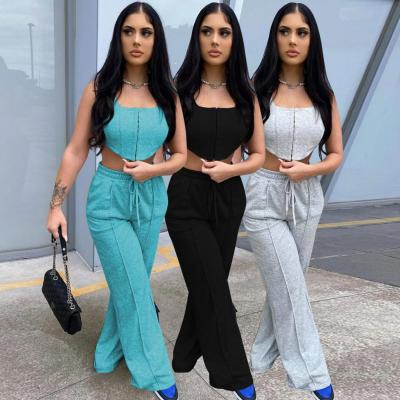 China Ckfashion Hot Sale Anti-pilling Sports Casual Two Piece Pants Sets Solid Color Crop Top And Wide Leg Pants 2 PC Summer Set for sale