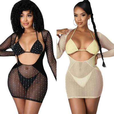 China Anti-pilling Women 2021 Summer Ckfashion Fashion Rhinestone Mesh Long Sleeve Bikini Dress Sexy Beach Wear and 3 Piece Swimsuit for sale