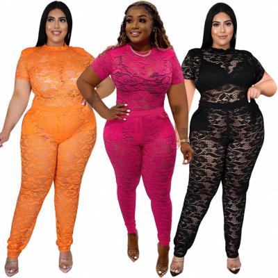 China Anti-Static Women Clothing Wholesale Lace See Through Sexy Women Sets Summer 2022 Plus Size Two Piece Set 2 Piece Lady Club Pants Set for sale