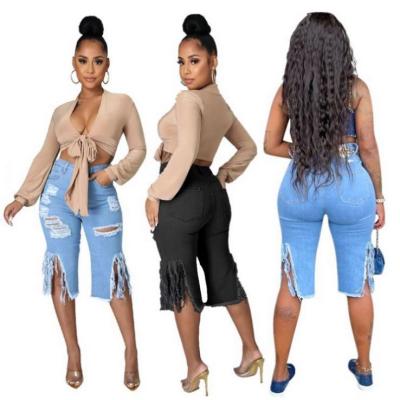 China Ckfashion Breathable Summer Ladies Knee Length Pants Holes Casual Ripped Tassel Design Women Jeans Short Trousers for sale