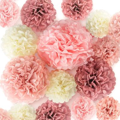 China Paper/Other 16pc Paper Flower Ball Birthday Party Decoration Supplies Set Rose Gold Paper Flower Ball Hanging Ornament Pom Poms for sale