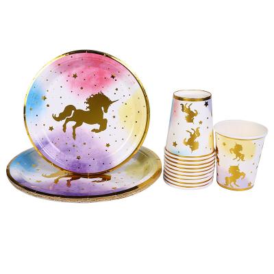 China Paper Products Factory Bronzing Unicorn Disposable Paper Tray Paper Cup Birthday Party Decoration Supplies Paper Tableware Can Be Customized for sale