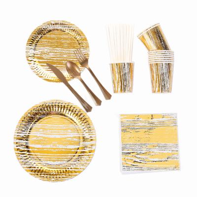 China Party Light Luxury Tableware Disposable Style Birthday Board Retro Striped Gold Foil Dish Cake Paper Plate Paper Cup Hot Tableware for sale