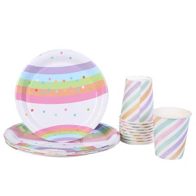 China Simplicity Modern Factory Color Cake Tray Birthday Party Rainbow Striped Paper Cup Disposable Fruit Dish Plate Paper Tableware for sale