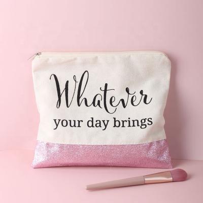 China Fashion Amazon ETSY Supplier Customized Inside Message Printing Quote Wholesale Pink Canvas Makeup Bag With Glitter Bottom for sale