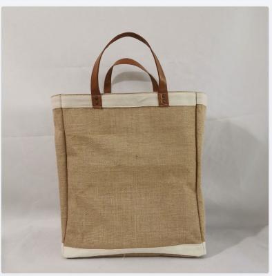 China Amazon logo printing MOQ 100 pcs wholesale large size empty jute handled hessian tote bag customized hessian tote bag with leather handle for sale