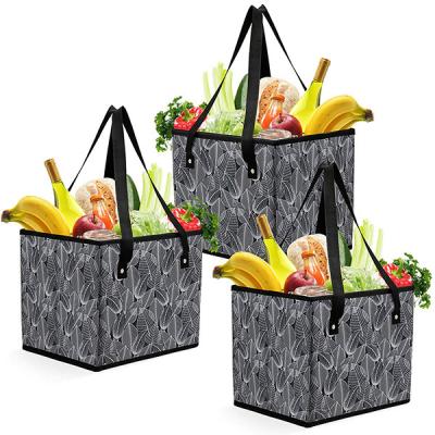 China Durable Customized Long Handles And Bottom Reinforced Collapsible Box Style Reusable Wholesale Housewares Grocery Tote Bags for sale