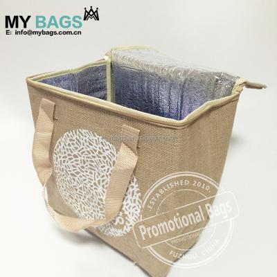 China Ego Waterproof Cold Pressed Thermal Promotional Jute Inner Juice Cooler Bag, Jute Foil Cooler Bag for sale