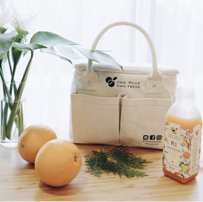 China Wholesale Customized Logo Printing Waterproof Promotional Quality Gray Lining Donations Keep Warm Cold Heavy Cotton Canvas Cooler Bag for sale